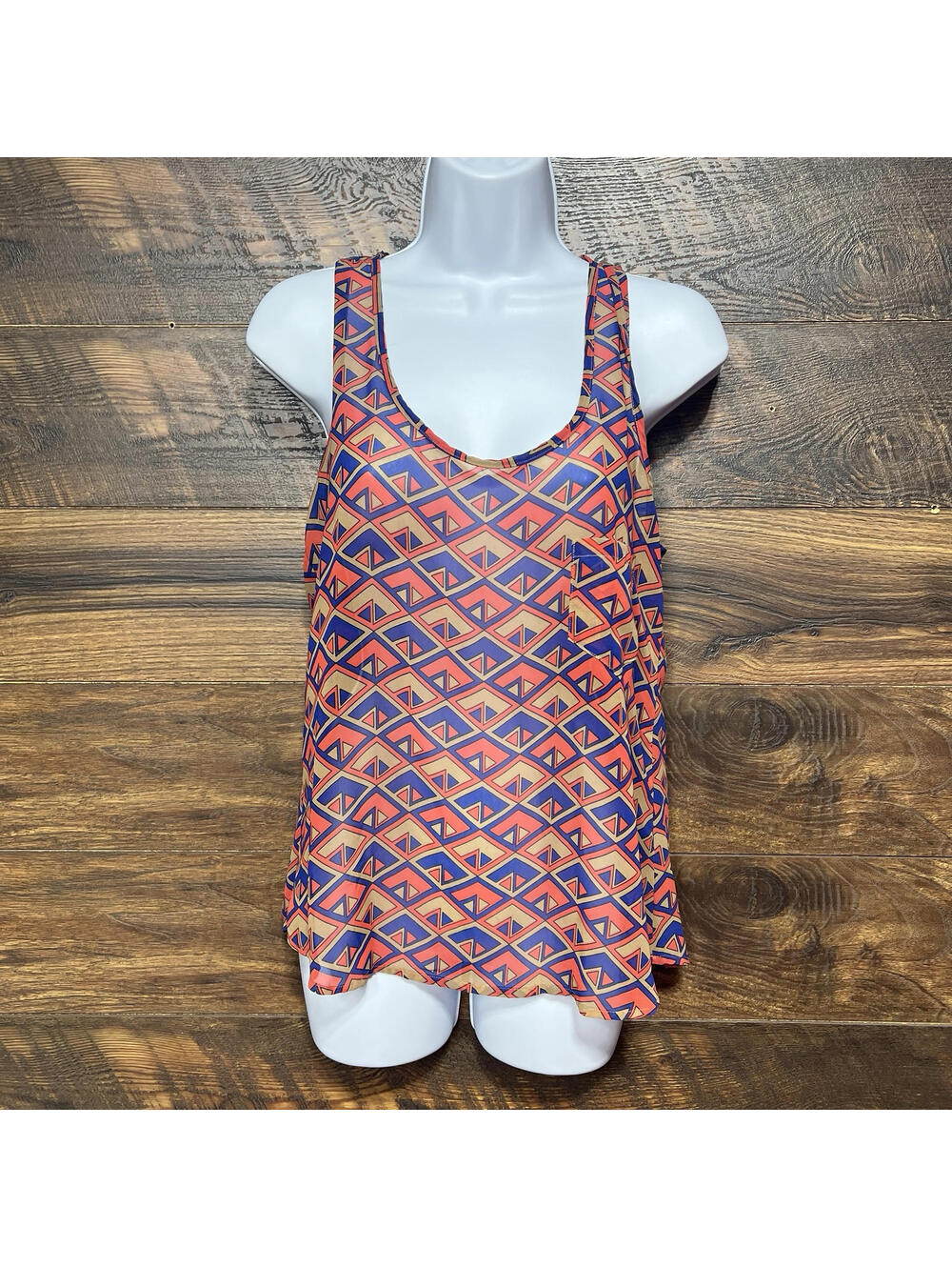 Mine Women's Top Small Blue Salmon Beige Multi-Color Sheer Sleeveless Razorback